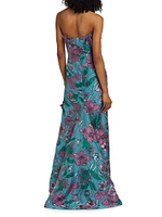 Appliquéd Floral Brocade A-Line Gown