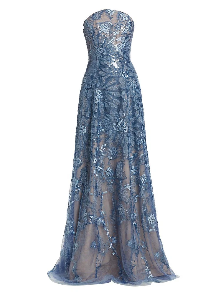 Floral Beaded Strapless A-Line Gown