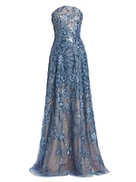 Floral Beaded Strapless A-Line Gown