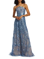 Floral Beaded Strapless A-Line Gown