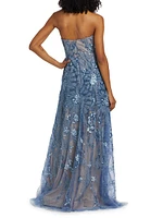 Floral Beaded Strapless A-Line Gown