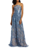 Floral Beaded Strapless A-Line Gown