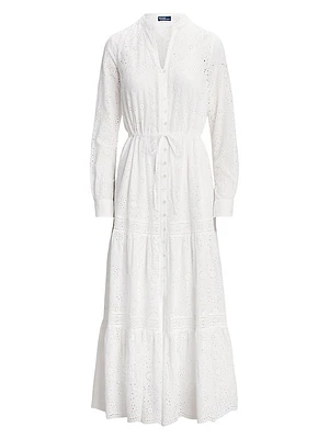 Cotton Eyelet Long-Sleeve Maxi Dress