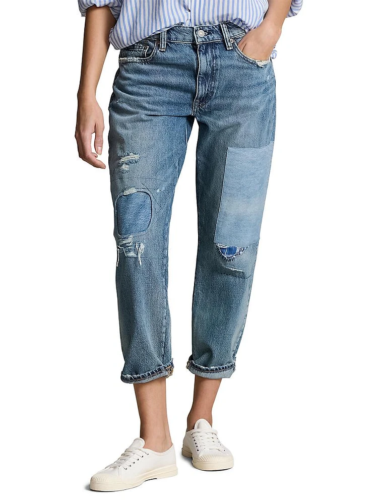 Mid-Rise Distressed Patch Jeans