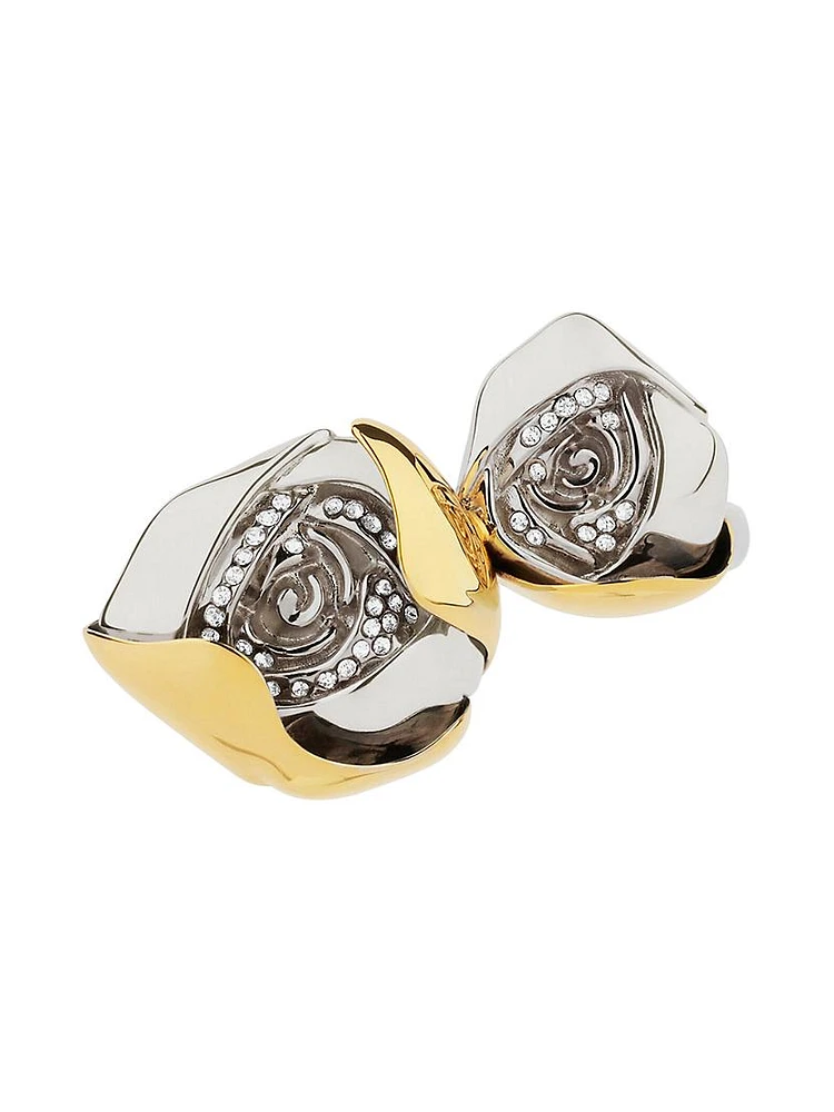 Flower Double Fingers Ring Metal With Crystals