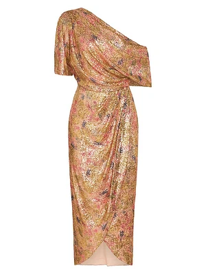 Jade Draped Printed Sequined Midi-Dress