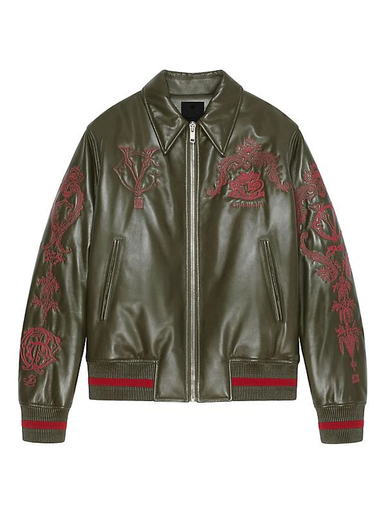 Crest Bomber Jacket In Embroidered Leather