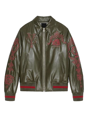 Crest Bomber Jacket In Embroidered Leather