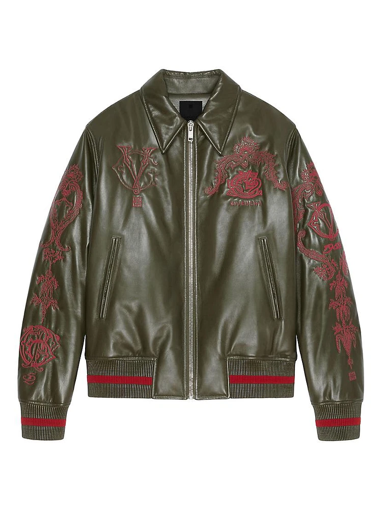 Crest Bomber Jacket In Embroidered Leather