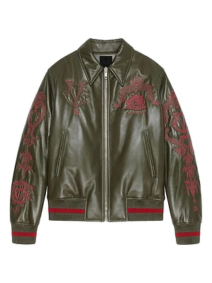 Crest Bomber Jacket In Embroidered Leather