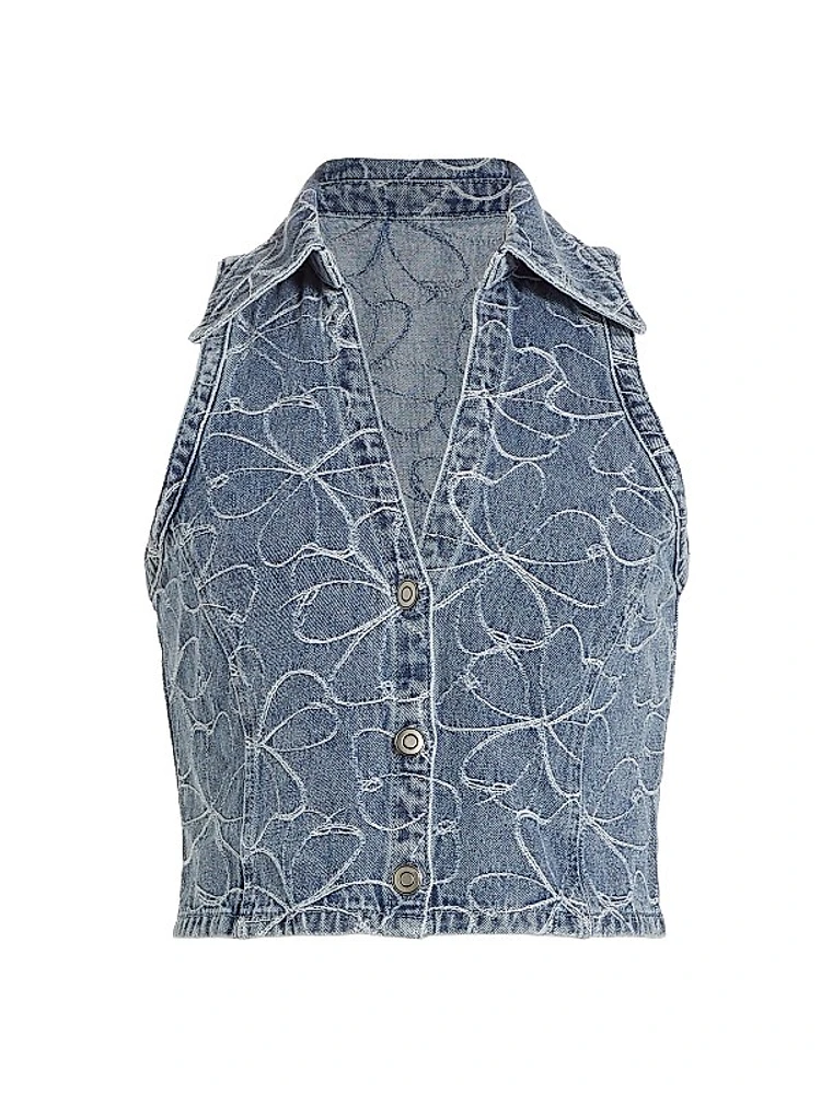 Deacon Floral-Embroidered Denim Crop Top