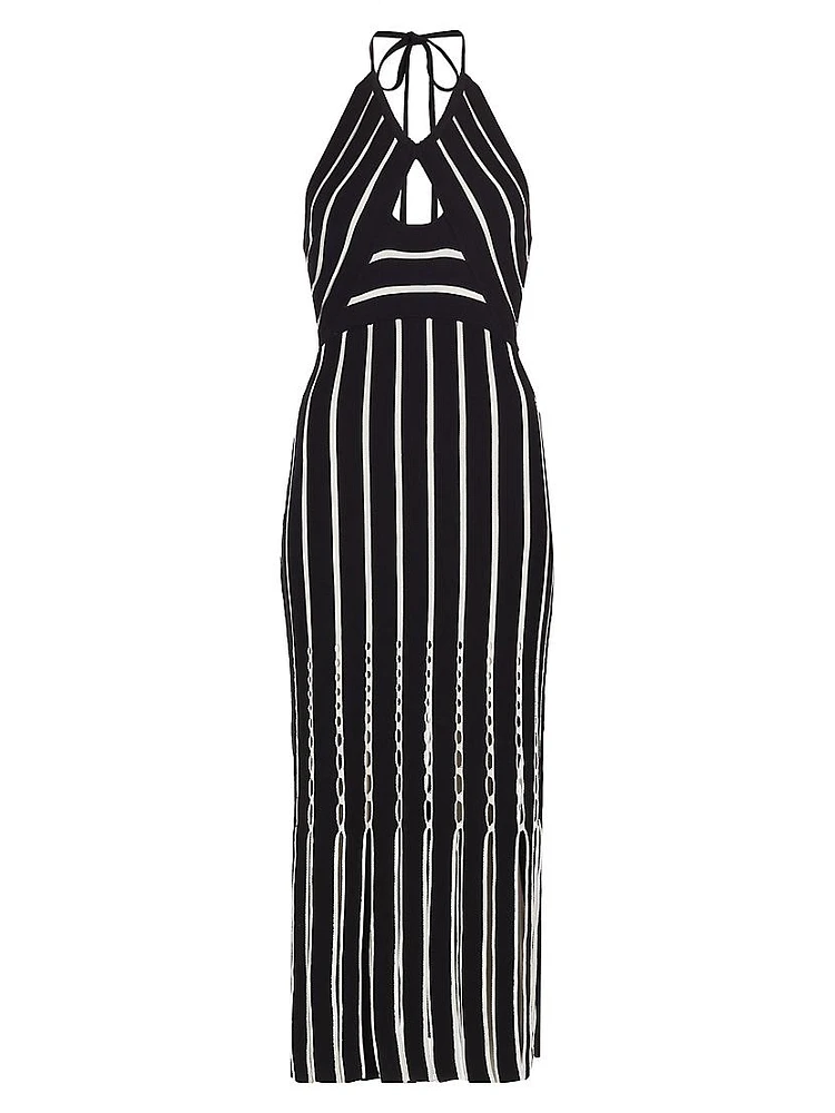 Frida Fringed Striped Cotton Halterneck Midi-Dress