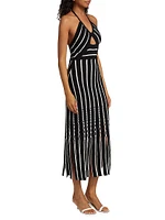 Frida Fringed Striped Cotton Halterneck Midi-Dress