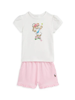 Baby Girl's Tennis Puff-Sleeve T-Shirt & Ruffle-Trim Shorts Set