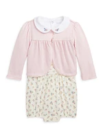 Baby Girl's 3-Piece Cardigan, Shortall & Bodysuit Set