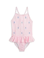 Little Girl's Gingham Pony Ruffle-Trim One-Piece Swimsuit