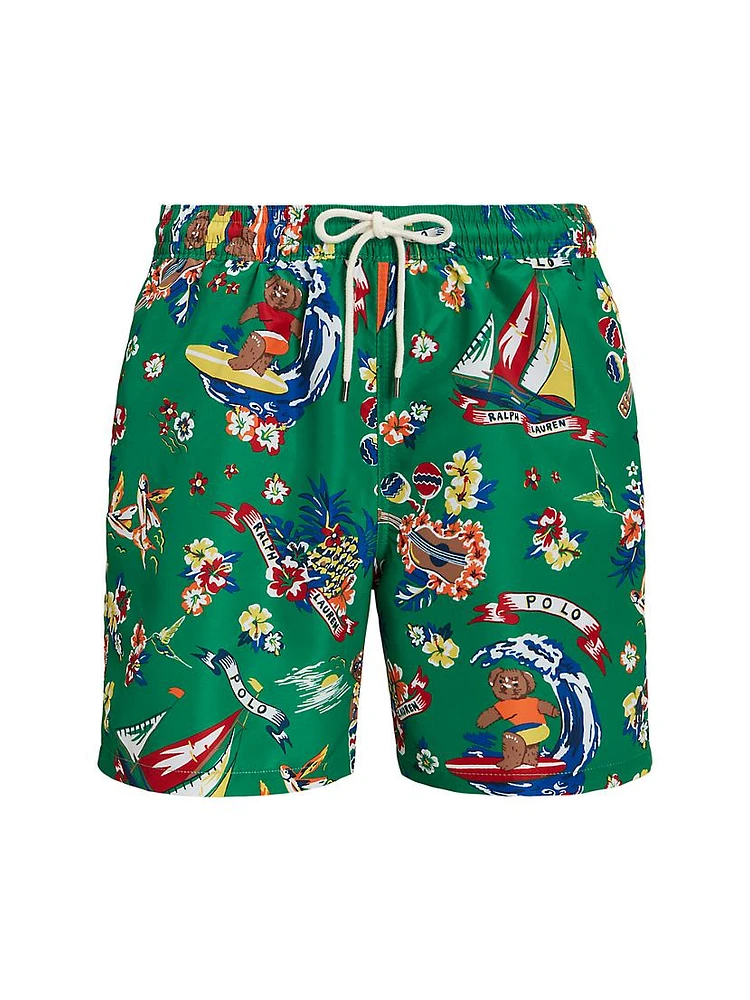 Graphic Mesh-Lined Swim Trunks