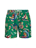 Graphic Mesh-Lined Swim Trunks