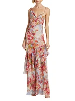 Viola Asymmetric Cowlneck Floral Silk Gown