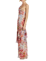 Viola Asymmetric Cowlneck Floral Silk Gown