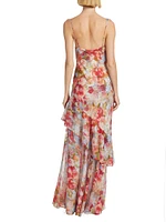 Viola Asymmetric Cowlneck Floral Silk Gown