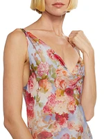 Viola Asymmetric Cowlneck Floral Silk Gown