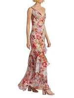 Viola Asymmetric Cowlneck Floral Silk Gown