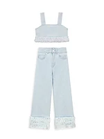 Girl's Lily Fringe-Trimmed Wide-Leg Jeans