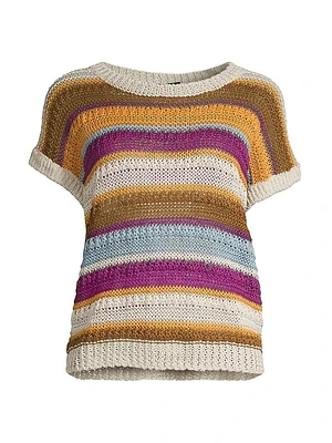 Acceso Striped Linen Knit Short-Sleeve Sweater