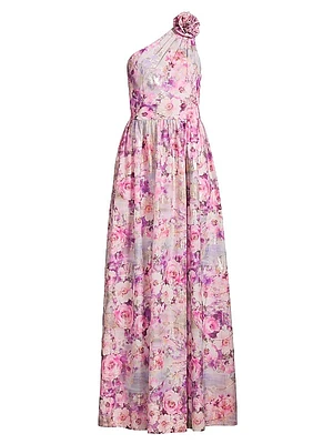 Printed Jacquard One-Shoulder Gown