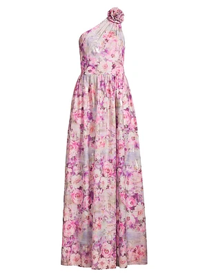 Printed Jacquard One-Shoulder Gown