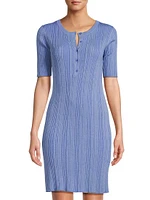 Stretch Metallic Rib-Knit Henley Minidress