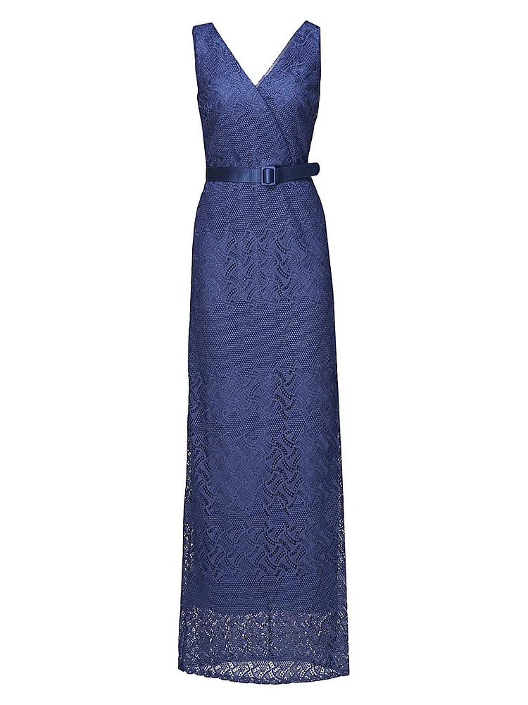 Hendrix Belted Lace Column Gown