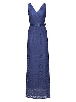 Hendrix Belted Lace Column Gown