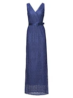 Hendrix Belted Lace Column Gown