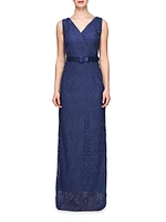 Hendrix Belted Lace Column Gown