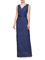 Hendrix Belted Lace Column Gown