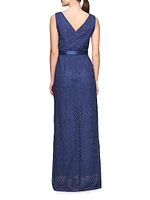 Hendrix Belted Lace Column Gown