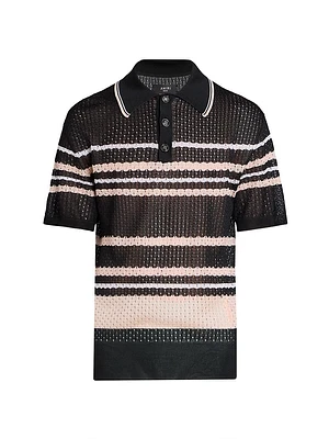 Striped Open-Knit Short-Sleeve Polo Shirt