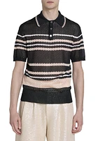 Striped Open-Knit Short-Sleeve Polo Shirt