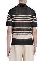 Striped Open-Knit Short-Sleeve Polo Shirt