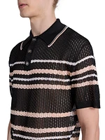 Striped Open-Knit Short-Sleeve Polo Shirt