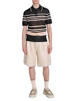 Striped Open-Knit Short-Sleeve Polo Shirt