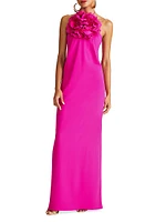 Onika Floral Appliqué Halter Gown