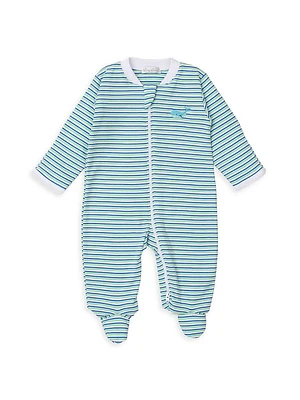 Baby Boy's Whale-Embroidered Striped Cotton Footie