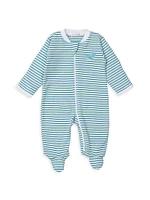 Baby Boy's Whale-Embroidered Striped Cotton Footie