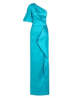 Satin Asymmetric Ruffle Column Gown