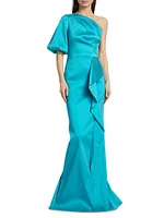 Satin Asymmetric Ruffle Column Gown