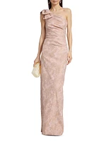 Metallic Jacquard One-Shoulder Column Gown