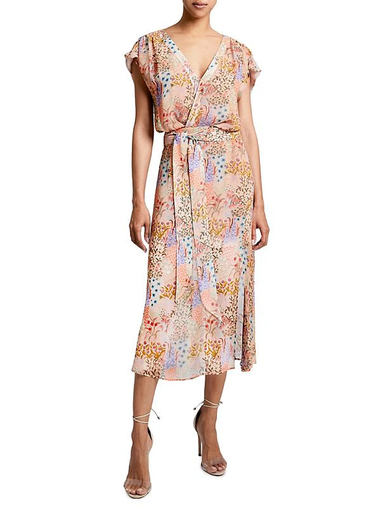 Fara Floral Georgette Faux-Wrap Midi-Dress